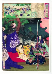 Kiyomasa knielt naast vrouwen die hij redde uit het brandende Fushimi-kasteel